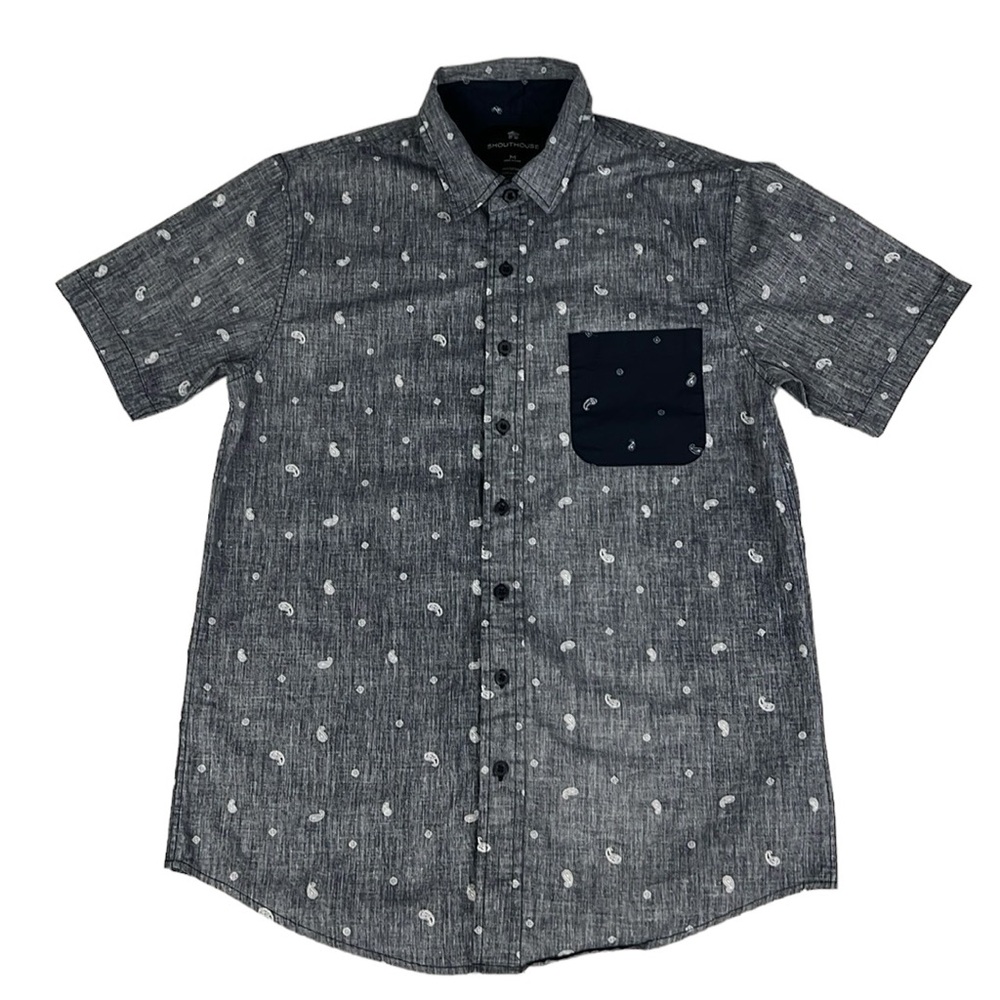 ShoutHouse Bandana Paisley Blue Youth Boy's Short Sleeve Button Up Shirt Sz. M